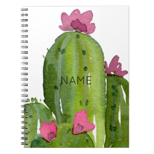 Watercolor Cactus Flowers NAME Green Pink White Notebook