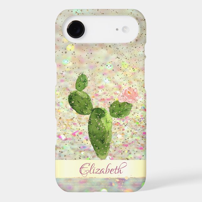 Watercolor Cactus, Glitter Bokeh - Personalized (Back)