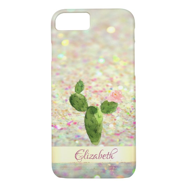 Watercolor Cactus Glittery Bokeh - Personalized Case-Mate iPhone Case (Back)