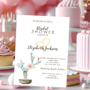 Watercolor Cactus Gold Heart Bridal Shower Invitation