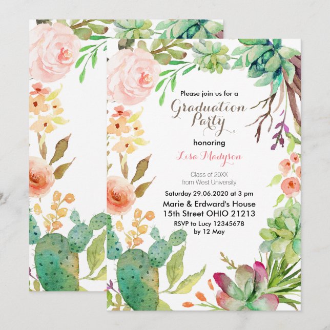 Watercolor Cactus Graduation Party Invite card (Front/Back)