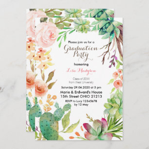 Watercolor Cactus Graduation Party Invite card