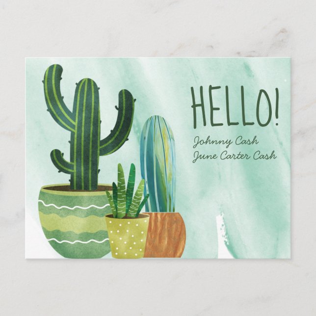 Watercolor Cactus Hello Personalized Greeting Postcard (Front)
