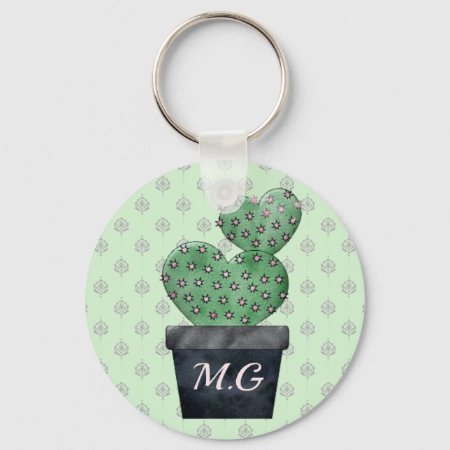 Watercolor Cactus in Plant Pot Patterned Keychain (Front)