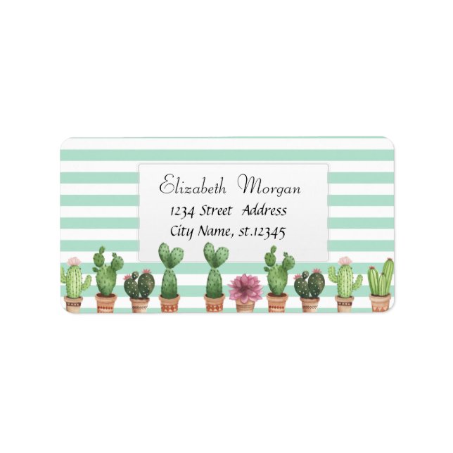 Watercolor Cactus Mint Green Stripes Label (Front)