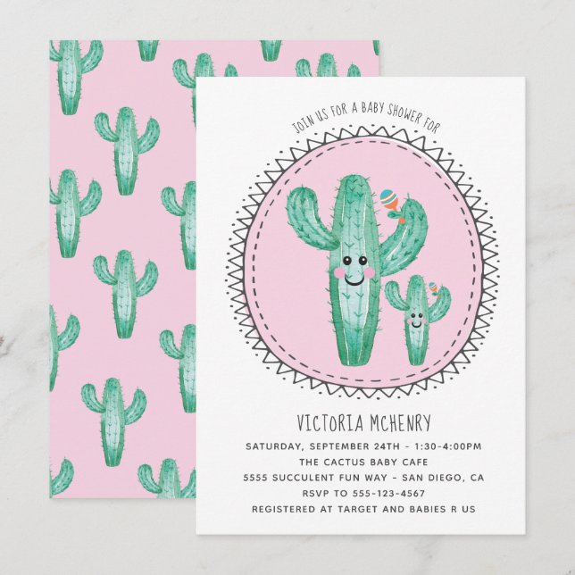 Watercolor Cactus Momma and Baby Shower Invitation (Front/Back)