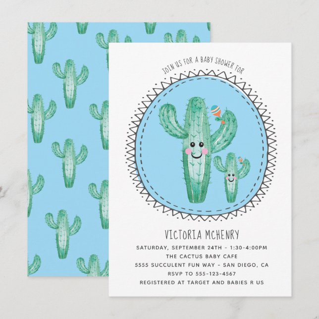 Watercolor Cactus Momma and Baby Shower Invitation (Front/Back)
