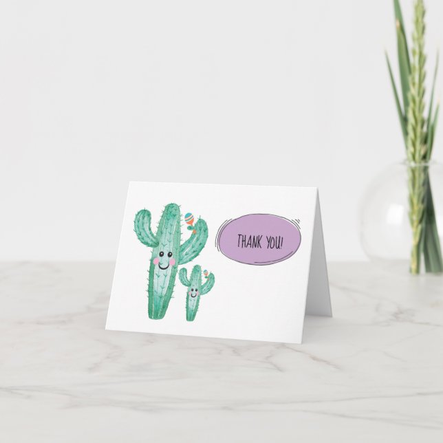 Watercolor Cactus Momma and Baby Thank you note (Front)