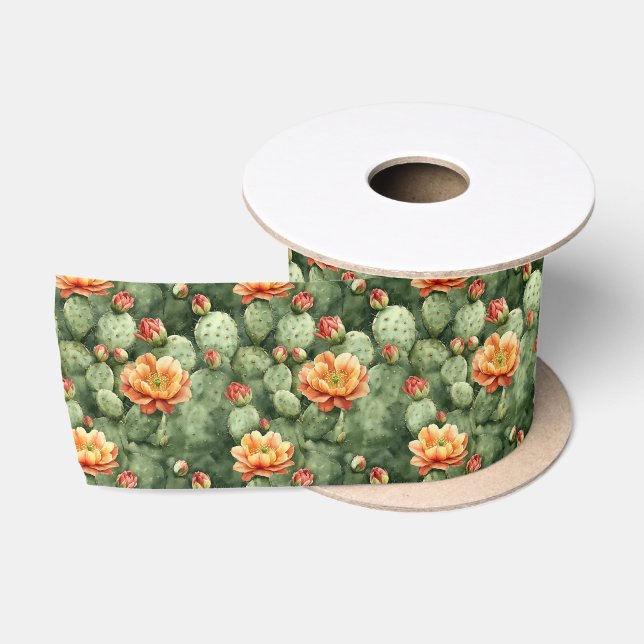 Watercolor Cactus Orange Flowers Pattern Satin Ribbon (Spool)