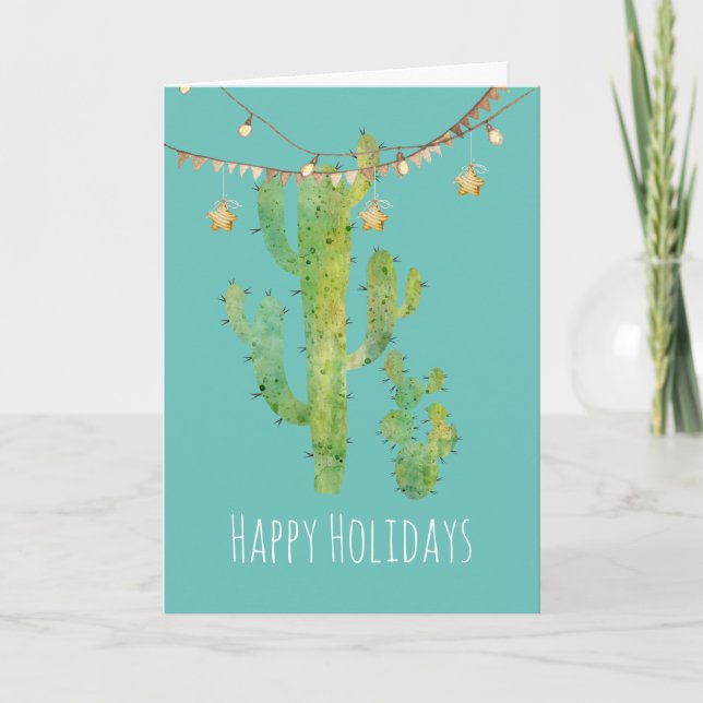 Watercolor Cactus Pair Customizable Holiday Card (Front)