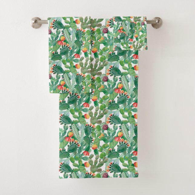 Watercolor Cactus Pattern Bath Towel Set (Insitu)
