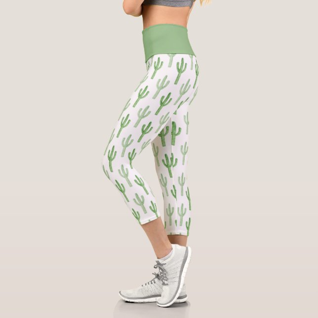 Watercolor Cactus Pattern Capri Leggings (Left)