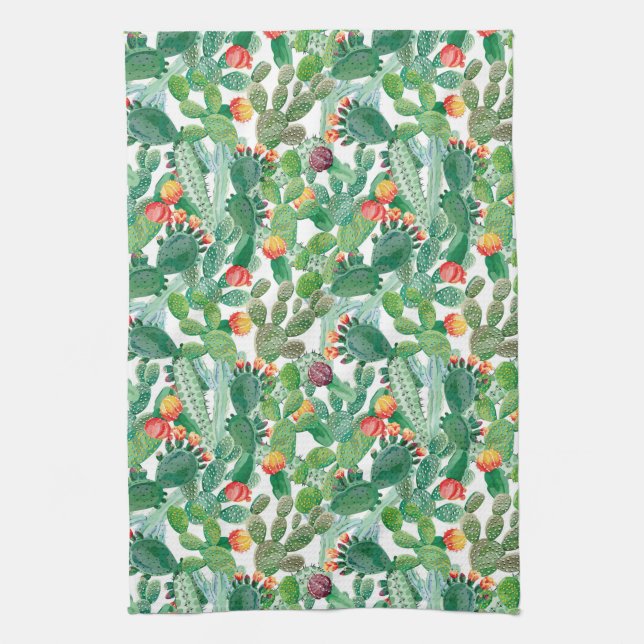 Watercolor Cactus Pattern Kitchen Towel (Vertical)