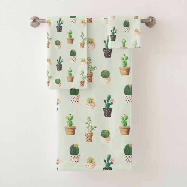 Watercolor Cactus Pattern Mint Green Bath Towel Set (Insitu)