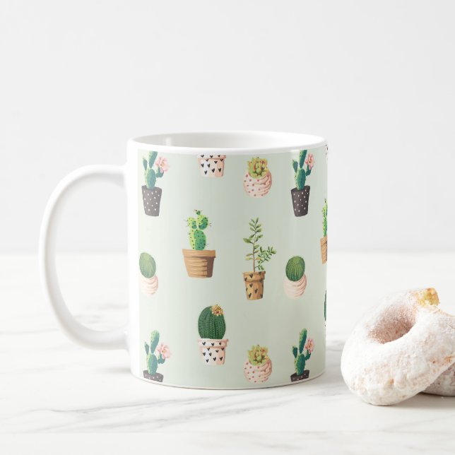 Watercolor Cactus Pattern Mint Green Coffee Mug (With Donut)