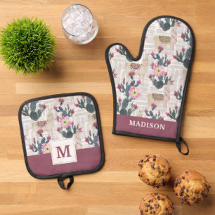 Watercolor Cactus Pattern Oven Mitt & Pot Holder Set