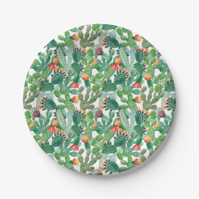 Watercolor Cactus Pattern Paper Plate (Front)