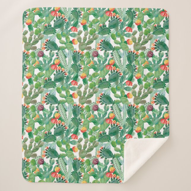 Watercolor Cactus Pattern Sherpa Blanket (Front)