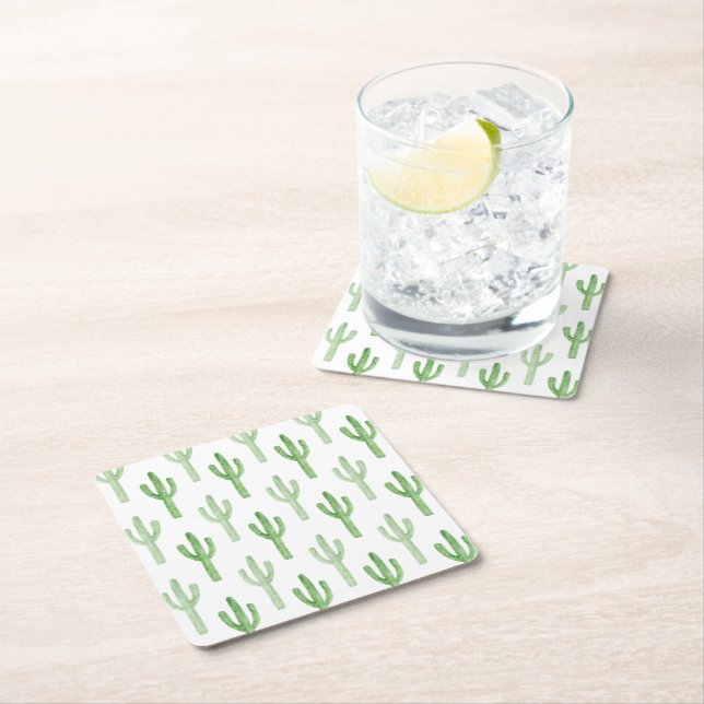 Watercolor Cactus Pattern Square Paper Coaster (Insitu)