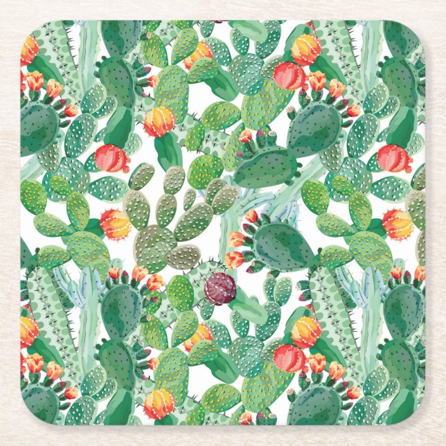 Watercolor Cactus Pattern Square Paper Coaster (Front)