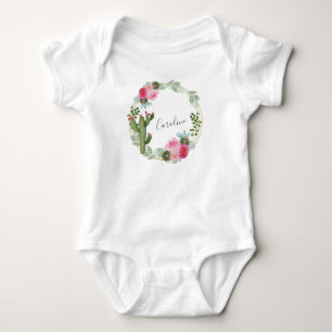 Watercolor Cactus Pink Floral Wreath Personalized  Baby Bodysuit