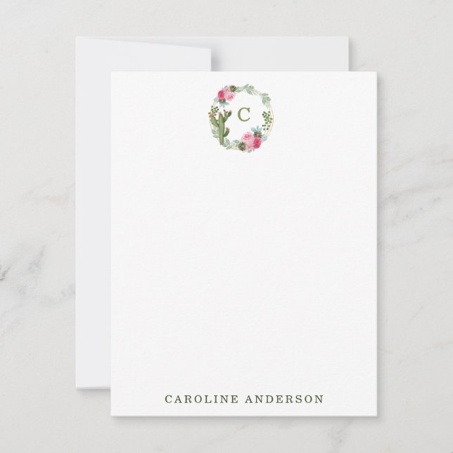 Watercolor Cactus Pink Floral Wreath Personalized  Card (Front)