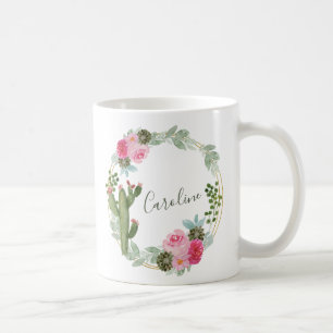 Watercolor Cactus Pink Floral Wreath Personalized Coffee Mug