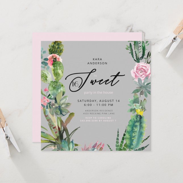 Watercolor Cactus Pink & Grey Sweet 16 Birthday Invitation (Front/Back In Situ)
