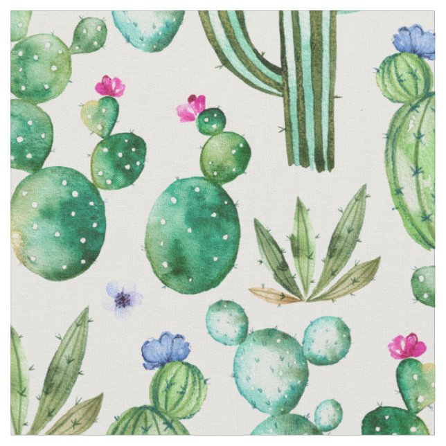 Watercolor Cactus Plants Pattern Fabric (Close Up)