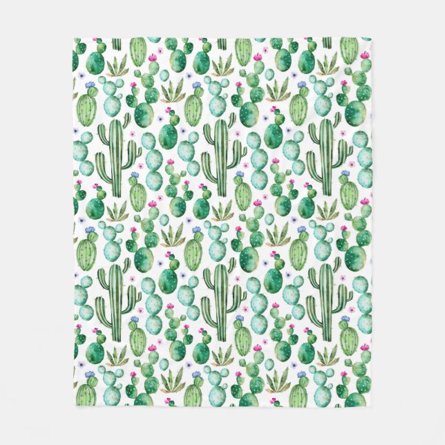 Watercolor Cactus Plants Pattern Fleece Blanket (Front)