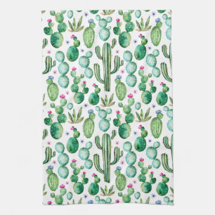Watercolor Cactus Plants Pattern Kitchen Towel