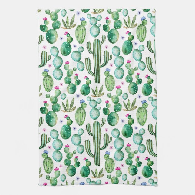 Watercolor Cactus Plants Pattern Kitchen Towel (Vertical)