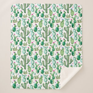 Watercolor Cactus Plants Pattern Sherpa Blanket