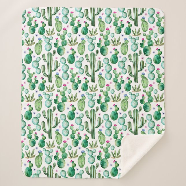 Watercolor Cactus Plants Pattern Sherpa Blanket (Front)