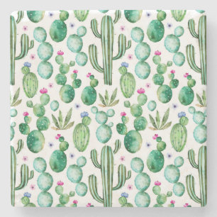 Watercolor Cactus Plants Pattern Stone Coaster