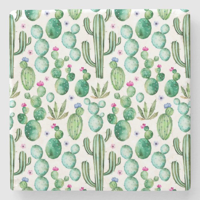 Watercolor Cactus Plants Pattern Stone Coaster (Front)