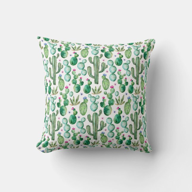 Watercolor Cactus Plants Pattern Throw Pillow (Front)