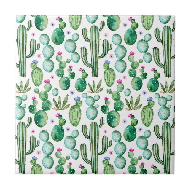 Watercolor Cactus Plants Pattern Tile (Front)