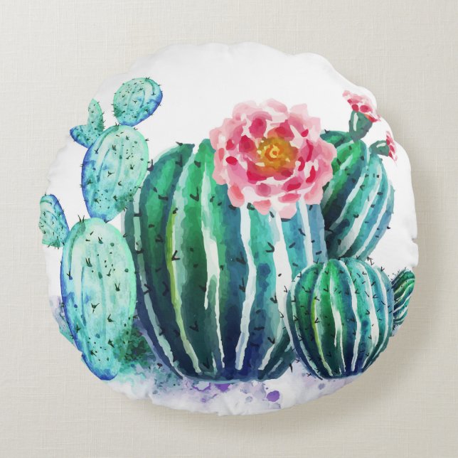 watercolor Cactus Round Pillow (Front)