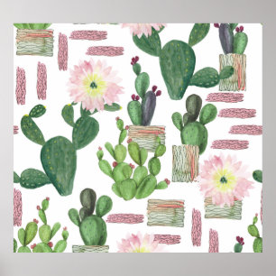 Watercolor Cactus Seamless Painting Pattern Poster
