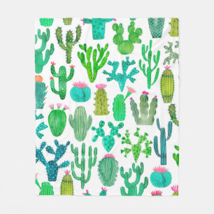 Watercolor cactus seamless pattern. Cacti backgrou Fleece Blanket
