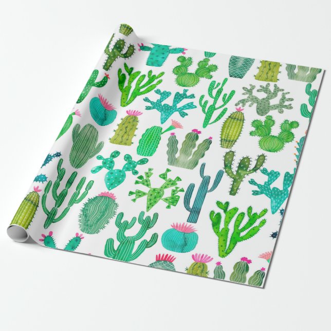 Watercolor cactus seamless pattern. Cacti backgrou Wrapping Paper (Unrolled)