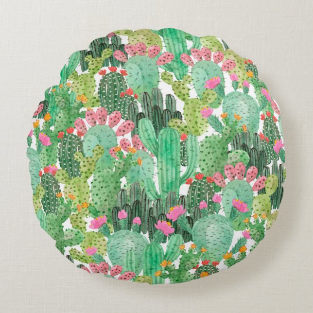 Watercolor cactus seamless pattern round pillow (Front)