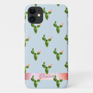 Watercolor Cactus ,Stripe - Personalized iPhone 11 Case