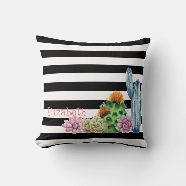 Watercolor Cactus,Succulent Black White Stripes  Throw Pillow (Front)