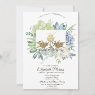 Watercolor Cactus Succulent First Holy Communion   Invitation