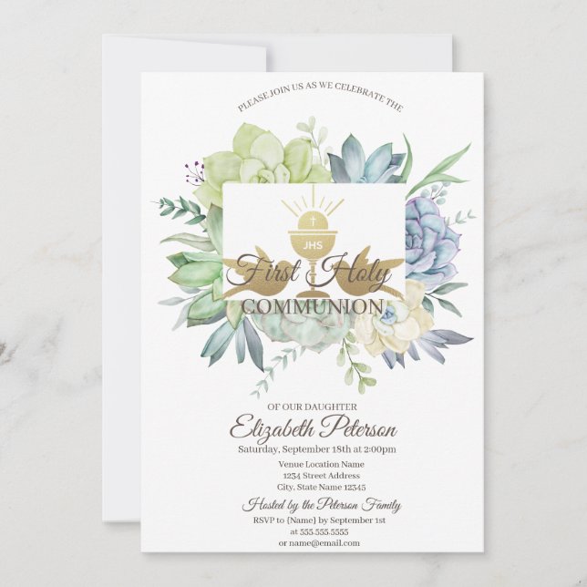 Watercolor Cactus Succulent First Holy Communion   Invitation (Front)