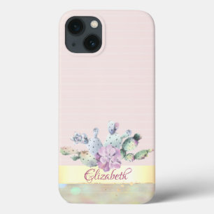 Watercolor Cactus,Succulent Flower Pink Stripees iPhone 13 Case