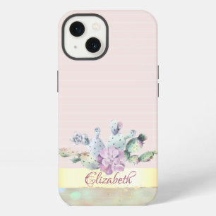 Watercolor Cactus,Succulent Flower Pink Stripees iPhone 13 Case