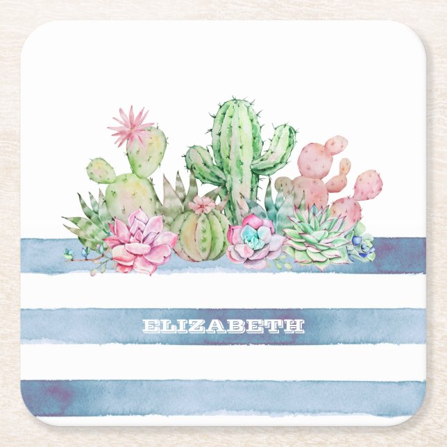 Watercolor Cactus Succulent Flowers Stripes  Square Paper Coaster (Front)